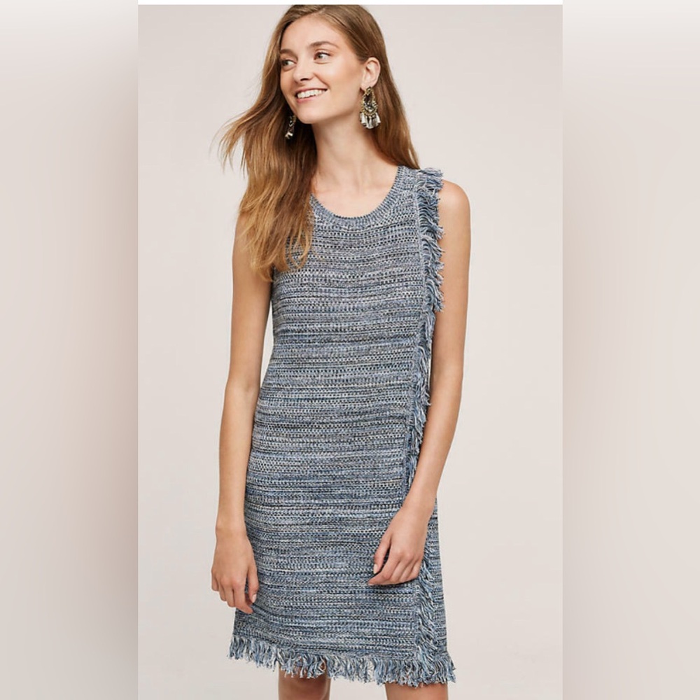Holding Horses Anthropologie Blue Tweed Fringe Sweater Dress S
